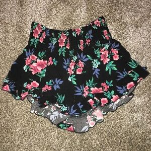 Hollister Black Floral Ruffle Shorts with Pink & Green Print
